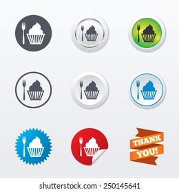 Eat sign icon. Dessert trident fork with muffin. Cutlery symbol. Circle concept buttons. Metal edging. Star and label sticker. Vector