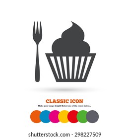 Eat sign icon. Dessert trident fork with muffin. Cutlery symbol. Classic flat icon. Colored circles. Vector