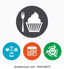 Eat sign icon. Dessert trident fork with muffin. Cutlery symbol. Mobile payments, calendar and wifi icons. Bus shuttle.