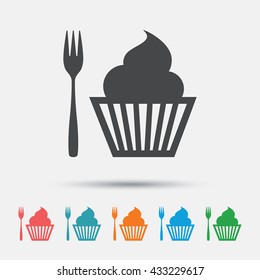 Eat sign icon. Dessert trident fork with muffin. Cutlery symbol. Graphic element on white background. Colour clean flat dessert icons. Vector