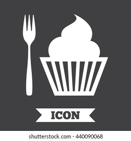 Eat sign icon. Dessert trident fork with muffin. Cutlery symbol. Graphic design element. Vector