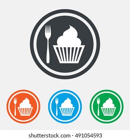 Eat sign icon. Dessert trident fork with muffin. Cutlery symbol. Graphic design web element. Flat dessert symbol on the round button. Vector