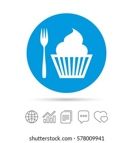 Eat sign icon. Dessert trident fork with muffin. Cutlery symbol. Copy files, chat speech bubble and chart web icons. Vector