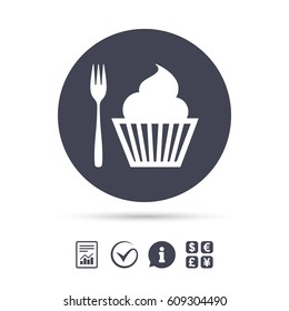 Eat sign icon. Dessert trident fork with muffin. Cutlery symbol. Report document, information and check tick icons. Currency exchange. Vector