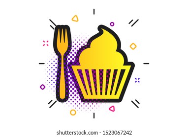 Eat sign icon. Halftone dots pattern. Dessert trident fork with muffin. Cutlery symbol. Classic flat eat icon. Vector