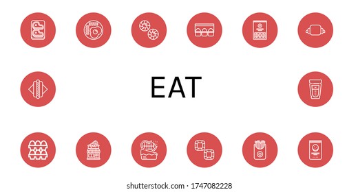 eat simple icons set. Contains such icons as Steak, Fried eggs, Cookie, Egg carton, Watermelon, Croissant, Eggs, Pizza shop, Chocolate, French fries, can be used for web, mobile and logo