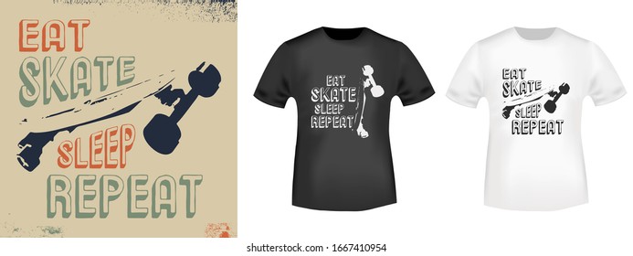 Eat Skate Sleep Repeat t-shirt print stamp for tee, t shirts applique, fashion, badge, label retro clothing, jeans, and casual wear. Vector illustration.