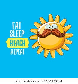 Eat sleep beach repeat vector concept illustration or summer poster. vector funky sun character with funny slogan for print on tee. summer party fun label or icon on blue sky background