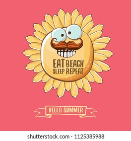 Eat sleep beach repeat vector concept illustration or summer poster. vector funky sun character with funny slogan for print on tee. summer party fun label or icon on pink background
