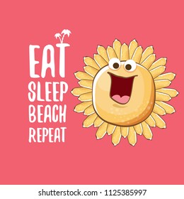 Eat sleep beach repeat vector concept illustration or summer poster. vector funky sun character with funny slogan for print on tee. summer party fun label or icon on pink background
