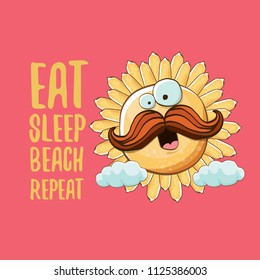 Eat sleep beach repeat vector concept illustration or summer poster. vector funky sun character with funny slogan for print on tee. summer party fun label or icon on pink background