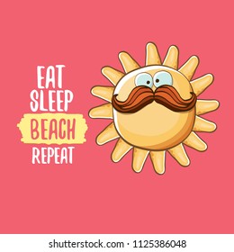 Eat sleep beach repeat vector concept illustration or summer poster. vector funky sun character with funny slogan for print on tee. summer party fun label or icon on pink background