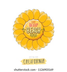 Eat sleep beach repeat vector concept illustration or summer poster. vector funky cartoon sun label with funny summer slogan for print on tee. Greeting card from California coast or beach