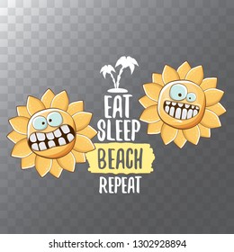 Eat sleep beach repeat vector concept illustration or summer poster. vector funky sun character with funny slogan for print on tee. summer party or hello summer label on transparent background.