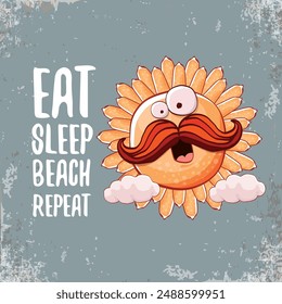 Eat sleep beach repeat vector concept illustration or hello summer poster. Vector funky sun character with summer quote cover design template. summer party fun label, banner and icon on sky background