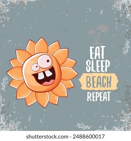 Eat sleep beach repeat vector concept illustration or hello summer poster. Vector funky sun character with summer quote cover design template. summer party fun label, banner and icon on sky background