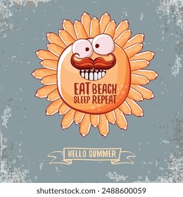 Eat sleep beach repeat vector concept illustration or hello summer poster. Vector funky sun character with summer quote cover design template. summer party fun label, banner and icon on sky background