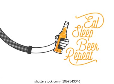 Eat sleep beer repeat calligraphy design and a hand holding a glass of beer in plaid shirt vector illustration. Cheers mate. Pub or restaurant decoration design. Cold beverage for drunk people