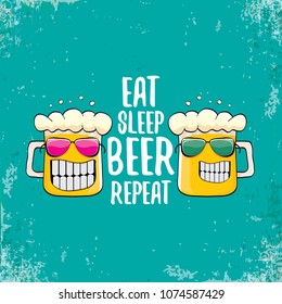 Eat sleep beer repeat vector concept illustration or summer poster. vector funky beer character with funny slogan for print on tee. International beer day label