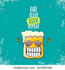 Eat sleep beer repeat vector concept illustration or summer poster. vector funky beer character with funny slogan for print on tee. International beer day label