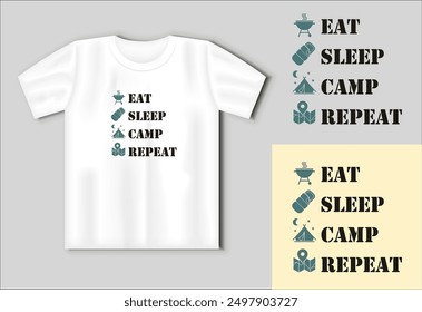 Coma la inscripción del lema motivacional del campamento de sueño. Concepto de camping con maqueta de camiseta