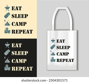 Coma la inscripción del lema motivacional del campamento de sueño. Citas de Vector de camping. Ilustración para estampados en camisetas y bolsos, carteles, tarjetas. Concepto de camping con maqueta de bolso