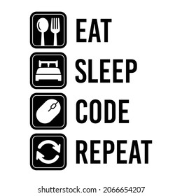 EAT SLEEP CODE REPEAT slogan graphic for coder and programmer. EPS 10 vector graphic ideal for poster, wall art, apparel print.