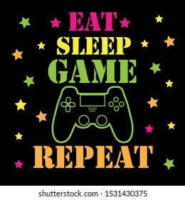  Eat sleep game repeat - funny text with controller and geometric shapes, on black backgound. Good for textile, t-shirt, banner ,poster, print on gift.