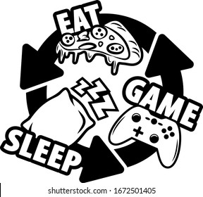 Eat Sleep Game Repeat shirt design with gamepad. Perfect gift for gamers.