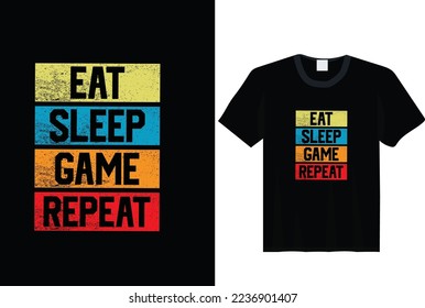 Eat sleep, Game repeat, Stylish t-shirt and apparel trendy design with glitchy gamepad, typography, print, vector illustration
