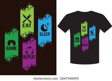 Eat Sleep Game Repeat T Shirt Design with Gaming Lifestyle Icon