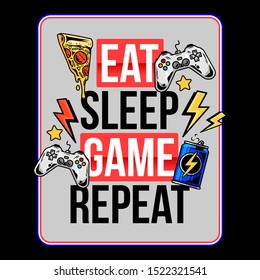 Eat sleep game repeat trendy geek culture slogan for gamer player video game with energy drink pizza and gamepad controller joystick Fashion vector print design illustration for poster t-shirt apparel