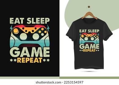 Essen Sie Schlaf-Spiel wiederholen - Vintage Retro-Stil Gaming T-Shirt Design-Vorlage. Vektorgrafik mit einem Gamepad, Controller und Grungy-Effekt-Shirt-Kunst.