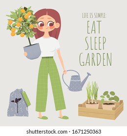 eat sleep garden. Vegan woman do gardern work. Girl with orange tree. Watering can. Seeds on bag. Woman on green pants