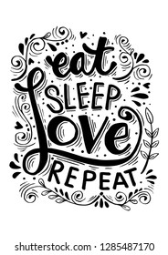 Eat, sleep , love and repeat postcard. Ink illustration. Modern brush calligraphy. 
