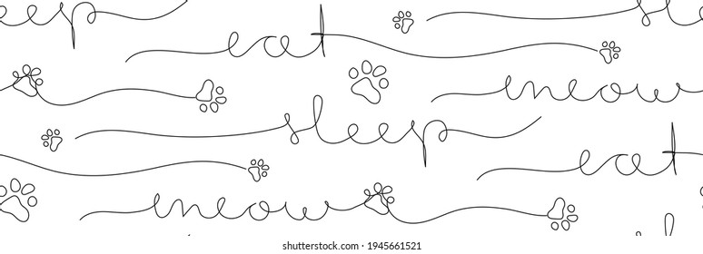 Eat. Sleep. Meow and paws. Continuous one line drawing. Minimalist seamless pattern.