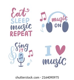Eat sleep, music repeat. I love music. Music on. Musical quotes. Love music phrase. Hand lettering phrase for greeting cards, stickers, wall art, tags posters t shirt.
