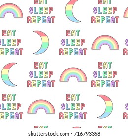 "Eat, sleep, repeat" seamless pattern. Quirky funny cartoon comic style. White background.