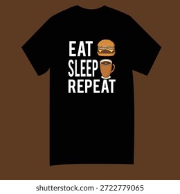 Eat Sleep Repeat T-Shirt Design mit Burger und Kaffee Icons, minimalistische grafische Illustration