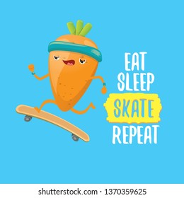 Eat sleep skate repeat vector concept illustration. Cartoon hipster carrot skater character riding on skateboard with funny slogan for print on tee