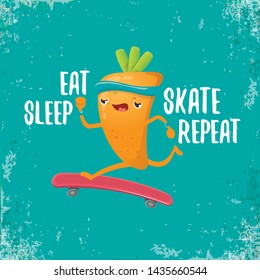 Eat sleep skate repeat vector concept illustration. Cartoon hipster carrot skater character riding on skateboard with funny slogan for print on tee or poster