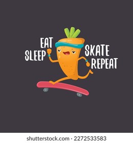 Eat sleep skate repeat vector concept illustration. Cartoon hipster carrot skater character riding on skateboard with funny slogan for print on tee