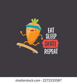 Eat sleep skate repeat vector concept illustration. Cartoon hipster carrot skater character riding on skateboard with funny slogan for print on tee