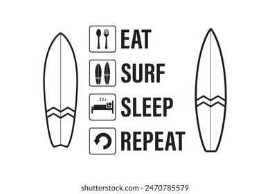 Eat Sleep Surf Repeat, design template. Summertime beach daily activity life infographic, black pictograms, surfboard and text isolated on white background. monochrome flat vector illustration