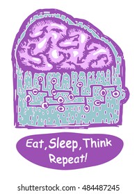 eat sleep think, text and hand draw illustration in blue and purple color
