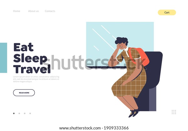 Eat, sleep, travel landing page\
concept with woman sleep while travelling by train. Female\
passenger in modern carriage. Cartoon flat vector\
illustration