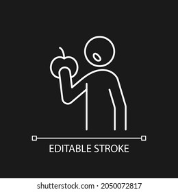 Eat snack white linear icon for dark theme. Man with apple. Healthy eating. Vegetarian eating fruit. Thin line customizable illustration. Isolated vector contour symbol for night mode. Editable stroke