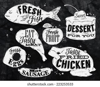 Eat symbol in retro vintage style in chalk lettering pan eggs, apple, chicken, cake, fish, meat, sausage