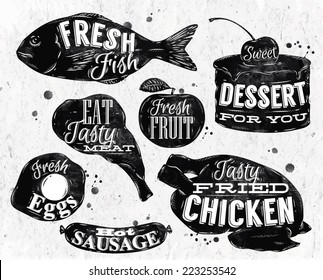 Eat symbol in retro vintage style lettering pan eggs, apple, chicken, cake, fish, meat, sausage