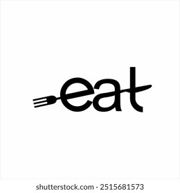 Coma o design do logotipo do texto com a ilustração do símbolo do garfo na letra E e a faca na letra A e T.